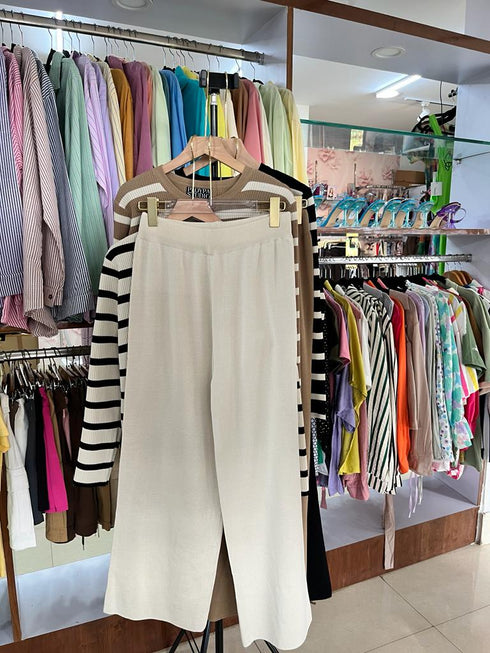 PLOYPA Casual Strip Cardigan With Loose Wide Leg Pants